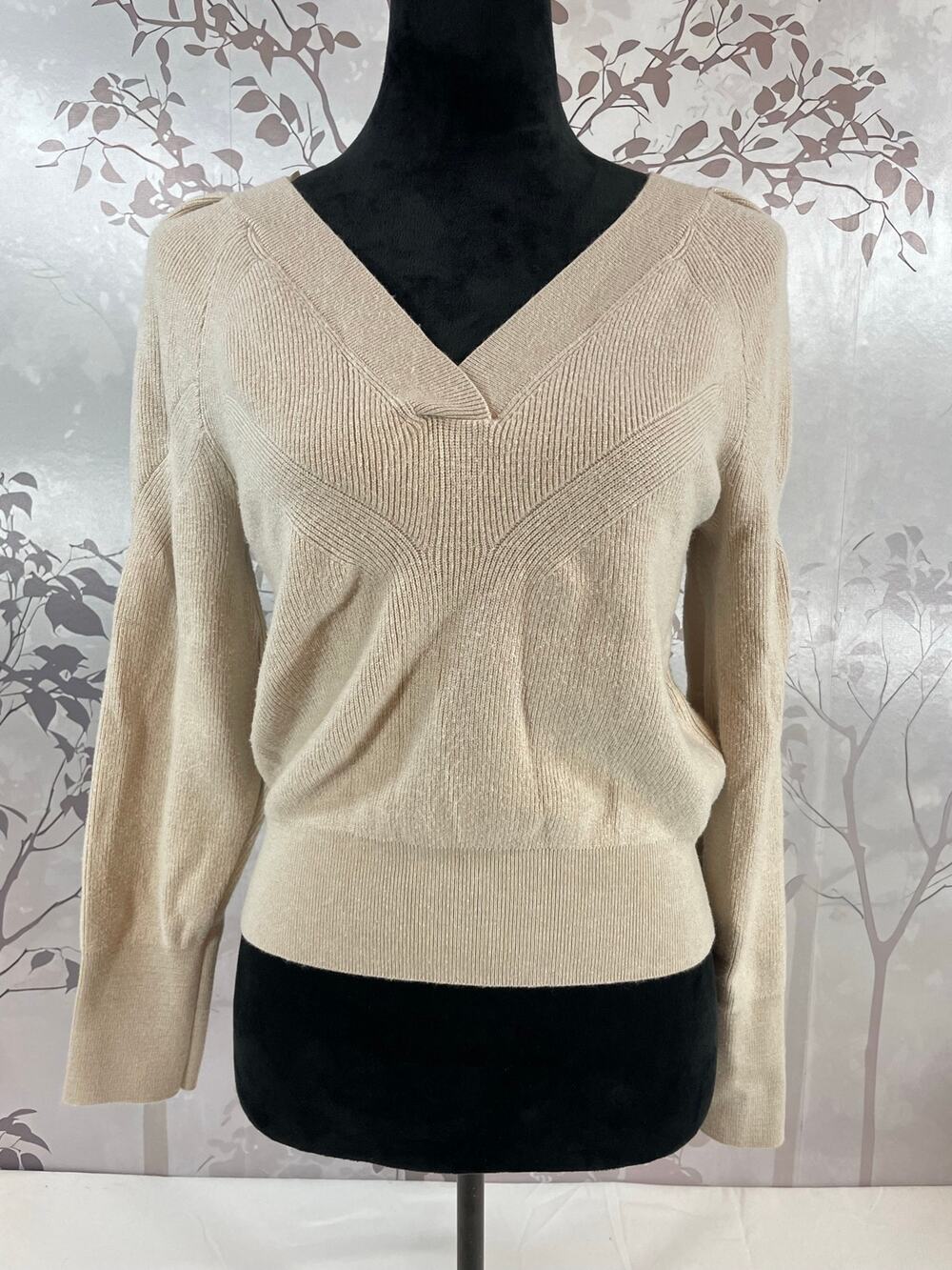 PINQUE V-Neck Sweater Small Beige Ribbed Mixed Knit Pullover Long Sleeve Cozy